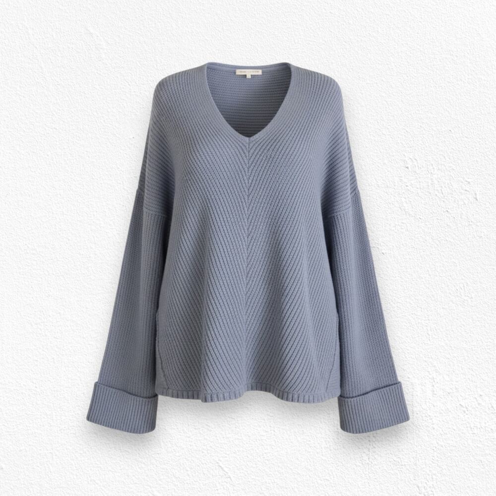 Free People Slate Blue Gray La Brea V Neck Cropped Roll Cuff Sweater Size Small